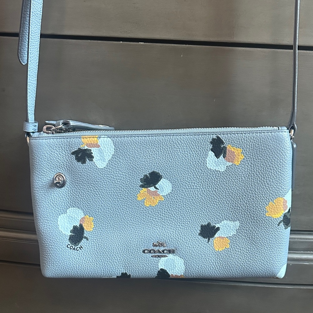 Coach Light Blue Crossbody Bag with Floral Design